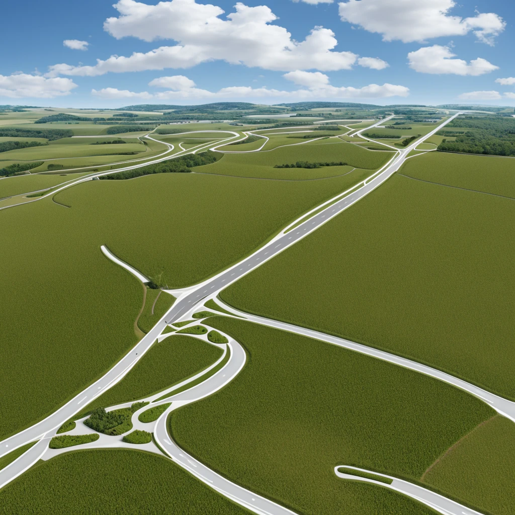 Minimalist white rural town, architecture concept, realistic, detailed, straight road, geometric design 