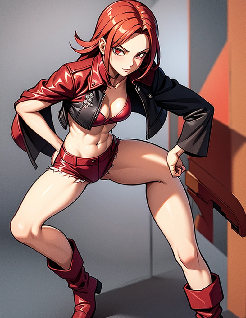 Sexy young girl with a good body, bright red hair, long hair, with bright red eyes, bright Eyes, with black leather jacket with white bra, ripped blue jeans, short brown boots with white, standing, pose standing, eyes with red edges, eyes with red lines