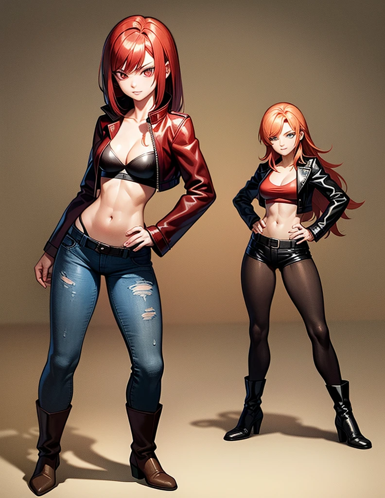 Sexy young girl with a good body, bright red hair, long hair, with bright red eyes, bright Eyes, with black leather jacket with white bra, ripped blue jeans, short brown boots with white, standing, pose standing, eyes with red edges, eyes with red lines