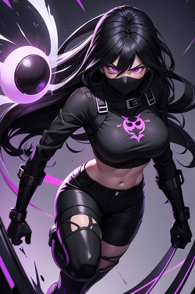 Strong woman villain, Angry face, Black mask over eyes, long black hair, purple glowing eyes, black Rubber shorts, exposes midriff, Long black rubber gloves, long black rubber boots, silver machine attached to back, purple liquid wires on wrist attached to machine on back, torn clothing