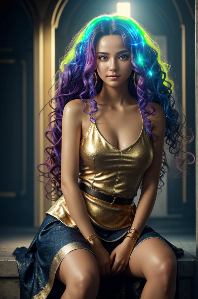 A girl with rainbow colored hair, colorful hair, half blue and half pink hair: 1.2, 17 years old, blue sky, holding a wand, summer (season), petals liquid, black cloak with a hood, red and black torn dress, skirt: 1.2, (golden long curly hair: 1.5), sky, outdoors, clouds, smile, sky blue eyes, exposed shoulders, perfect hands, hand details, repaired fingers. Earrings, ocean+background, lookingatviewer, denim lens, top quality, rich details, perfect image quality, sunrise, scenery, bright colors, clear focus, best quality, depth of field, cinematic lighting, petals in the wind, (silver eyes), silver hair, extra long hair, slight blushing, slight smile,
(Luminous: 1.5), maid, glowing hair, looking from above, hands clasped together, close-up, super realistic 8k cg, perfect face, flawless, clean, masterpiece, professional artwork, famous artwork, perfect face, beautiful face, beautiful eyes, (perfect female body), solo, (immersive atmosphere, light and dark contrast: 1.5, bright lighting: 1.2, bright lighting)
, (powder blusher: 0.5), charming expression, extremely delicate eyes, thick thighs, plump and plump beautiful detailed background, depth of field, lifelike: 1.3, long lens, shirt, pleated skirt, sitting, whole body, (ambient light: 1.3), (film composition: 1.3) (neon light: 0.1), (HDR: 0.1), emphasis on lighting, white pantyhose, ((best quality), (masterpiece), (details: 1.4), 3D, beautiful Cyberpunk female image, HDR (high dynamic range), ray tracing, NVIDIA RTX, super resolution, illusion 5. Subsurface scattering, PBR texture, post-processing, anisotropic filtering, depth of field, maximum clarity and clarity, multi-layer texture, albedo and specular reflection map, surface coloring, precise simulation of light material interaction, perfect proportion, octane rendering, dual tone lighting, wide aperture, low ISO, white balance, one-third rule, 8K RAW, (best quality), (masterpiece), (detailed information: 1.4), 3D, beautiful cyberpunk female images, HDR (high d