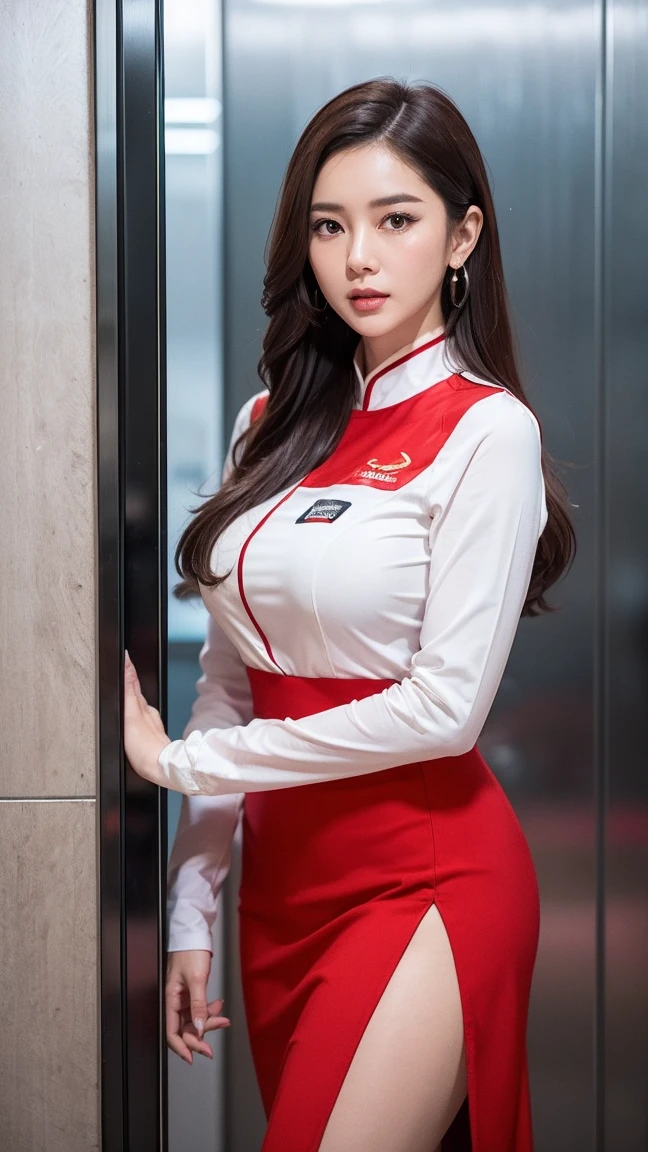 Two boys, elder, Young Asian Woman Photo (二人のelderに挟まれて), Race Queen、Uniform with sponsor logo Red uniform、Earrings、, Thigh length skirt , threesome, In a crowded elevator, detailed character design (masterpiece, Realistic:1.2), high quality, Intricate details, Highly detailed background, 8K