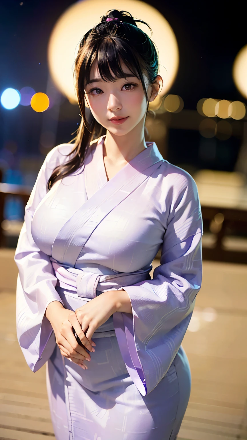 (logo、masterpiece、8K、Tabletop、RAW Photos、wonderful、最high quality、フォトリアリスティックでVery detailedな CG 複合 8K 壁紙、high quality、Very detailed、Narrative poem、Particle Effects、Dynamic Effects、Depth of the Boundary、Cinematic Light、Lens flare、Ray Tracing)、 (One beautiful woman wearing a yukata、White yukata、Light purple pattern)、Black-haired、High definition skin、Very fine、Fine skin texture、Beautiful Face、True Face、Beautiful details in the eyes、Realistic eyes、Beautifully detailed eyes、Realistic Skin、Beautiful Skin、Surreal、Smiling Eyes、Hair and light eyes、vivid、Colorful lights and bokeh、plump lower lip、Pink Lips、Hair flutters in Wind、Hair bounces、wonderful景色、night、evening、Wind、moonlight、moonlight、light