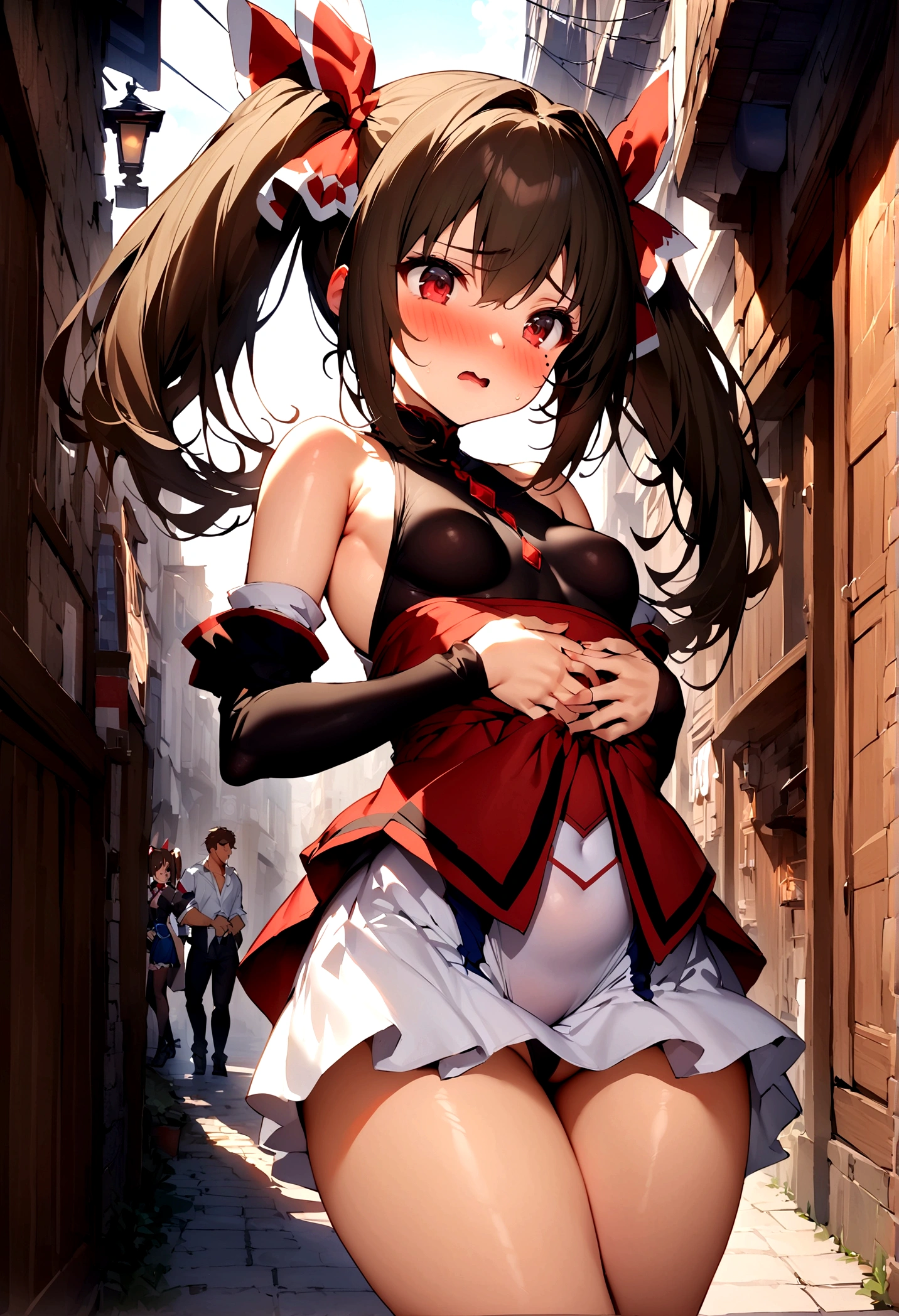 NSFW,masterpiece,Highest quality,High resolution,Super detailed,Nekone \(Utawarerumono\),Brown Hair、（Red Eye：1.3）、ribbon,Twin tails、ヘアribbon、Mole、目の下のMole,Small breasts,Fantasy World,Shopping Street,Alley,Japanese style,Removable sleeves,mini skirt,leotard,Half-naked,Open clothes,Embarrassed,blush,(Seduce),(Adult male),(A man puts his hands on her waist and hugs her),(Molester),Circling the body