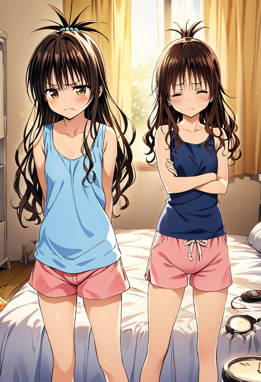 Masterpiece, highres, highest quality, illustration, ultra detailed, best quality, official art, grand prix award illustration, professional lighting, morning sunlight, messy bedroom, yuuki mikan, hair ornaments, long hair, topknot, wavy hair, standing beside bed,wearing blue tanktop and pink shorts,  arms crossed, frowning face, annoyed expression, alarm clock visible, daily life scene, sibling interaction
