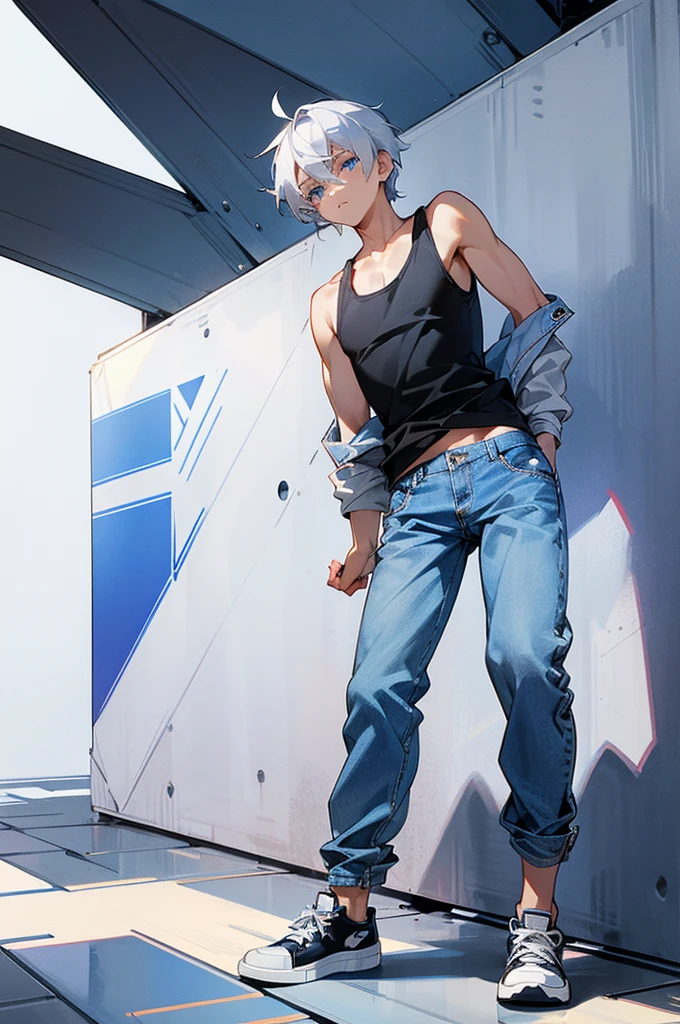 A boy with short unruly silver white hair and sapphire blue eyes(full body picture) in casual clothing(Jeans, sneakers, tank top, jacket)
