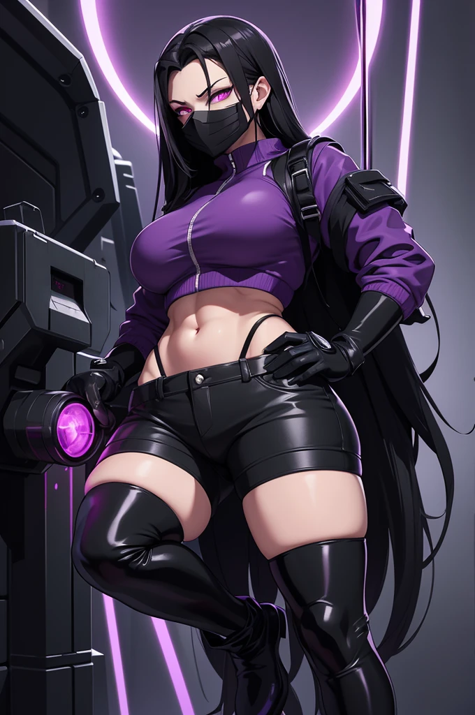 Strong woman villain, smug face, Black mask over eyes, long black hair, purple glowing eyes, black Rubber shorts, exposes midriff, Long black rubber gloves, long black rubber boots, silver machine attached to back, purple liquid wires on wrist attached to machine on back, torn clothing