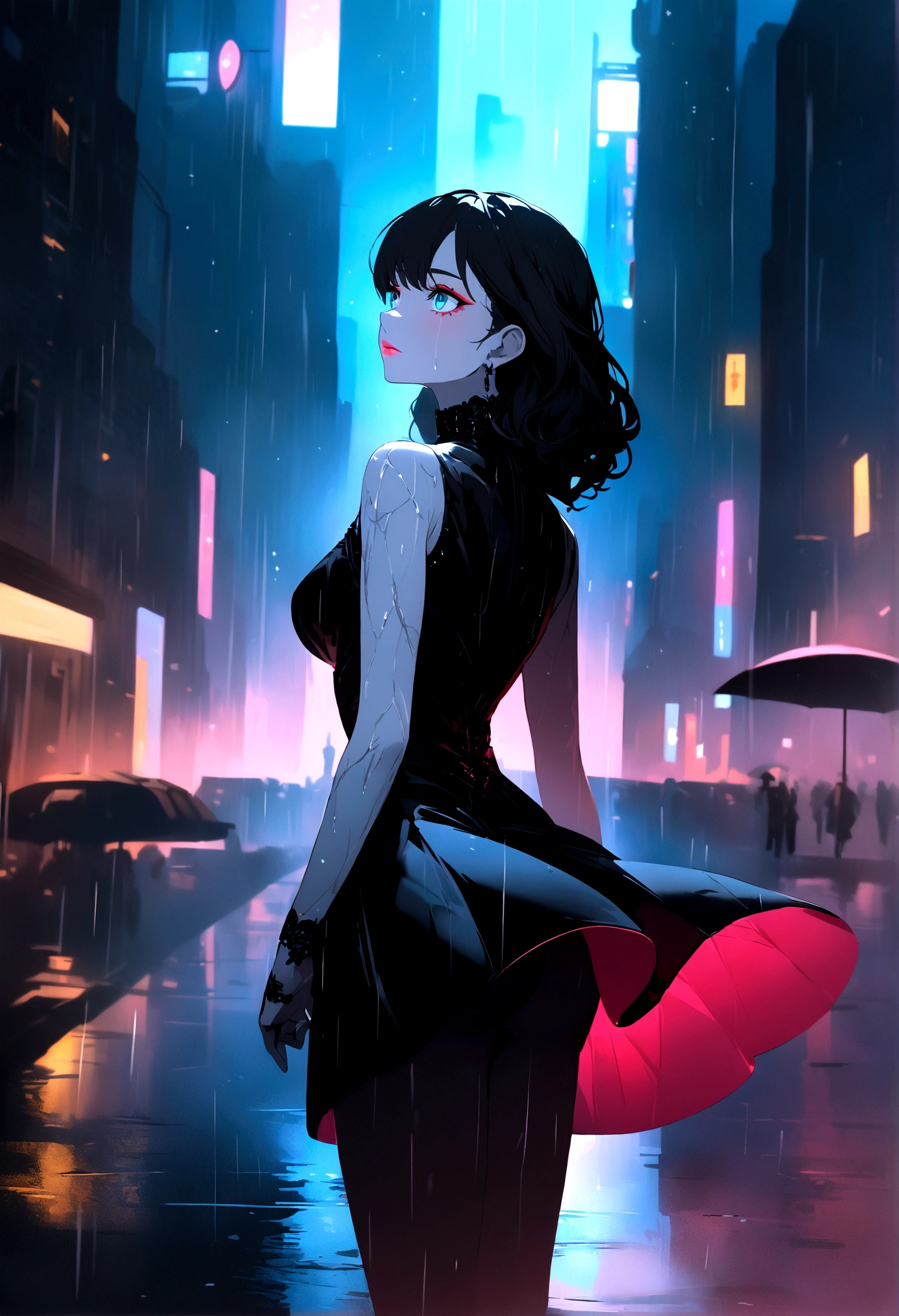 High resolution RAW color art, animation, Silver Marble Skin, (((Highly detailed elegant))), Magical atmosphere, Detailed skin, texture,(Exquisitely crafted, The finer details, Ultra-detailed art), Depth of written boundary, Silky Touch, Hyper Detail, Matte Drawing, Aquamarine Eyes, Elegant face, Neon Light, Looking to the side,Crouch down,Crouch down,Red and black dress,Short dress,dior pink lips,Red eyeshadow,in the rain,In the city,8K