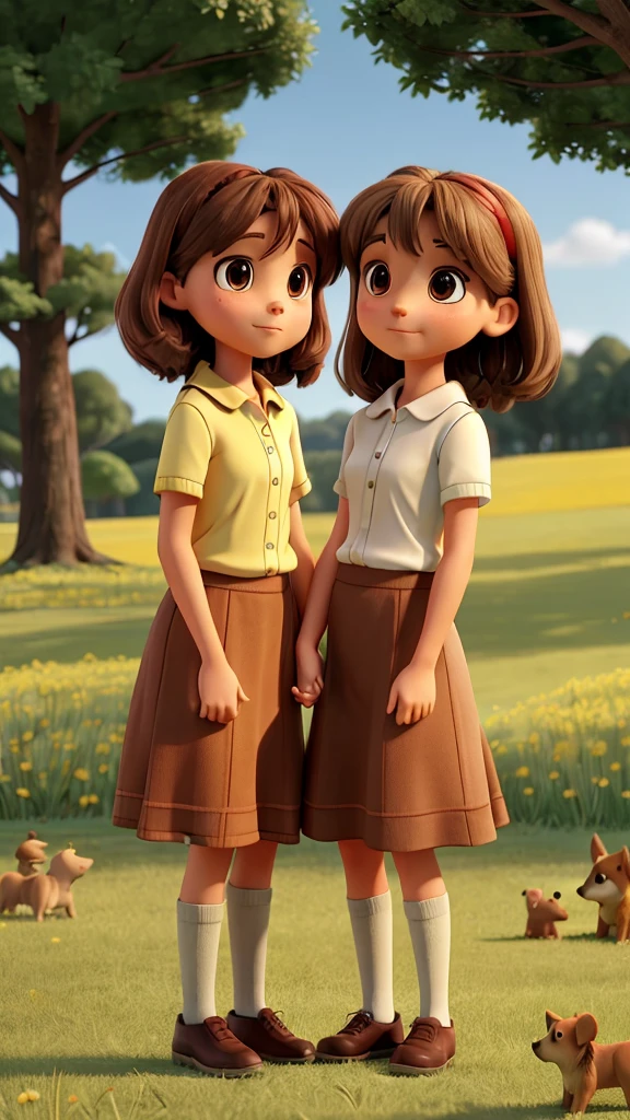 Two girls looking at each other passionately holding hands while standing in the field, with trees, a small brown dog, a small light brown dog, a small yellow dog and a big gray dog around the girls.