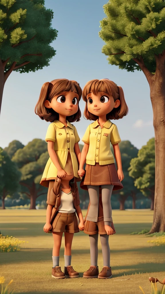 Two girls looking at each other passionately holding hands while standing in the field, with trees, a small brown dog, a small light brown dog, a small yellow dog and a big gray dog around the girls.