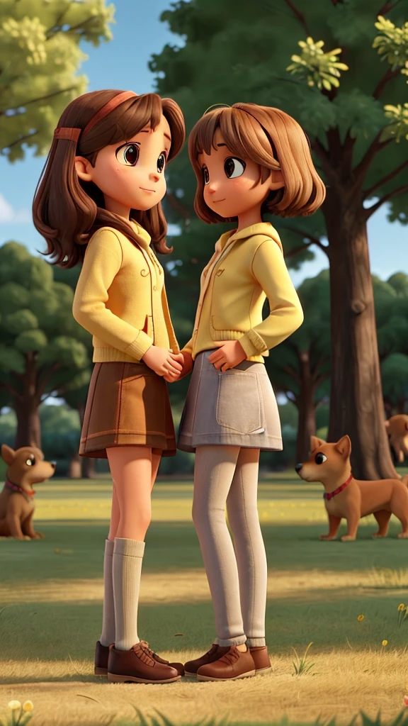 Two girls looking at each other passionately holding hands while standing in the field, with trees, a small brown dog, a small light brown dog, a small yellow dog and a big gray dog around the girls.
