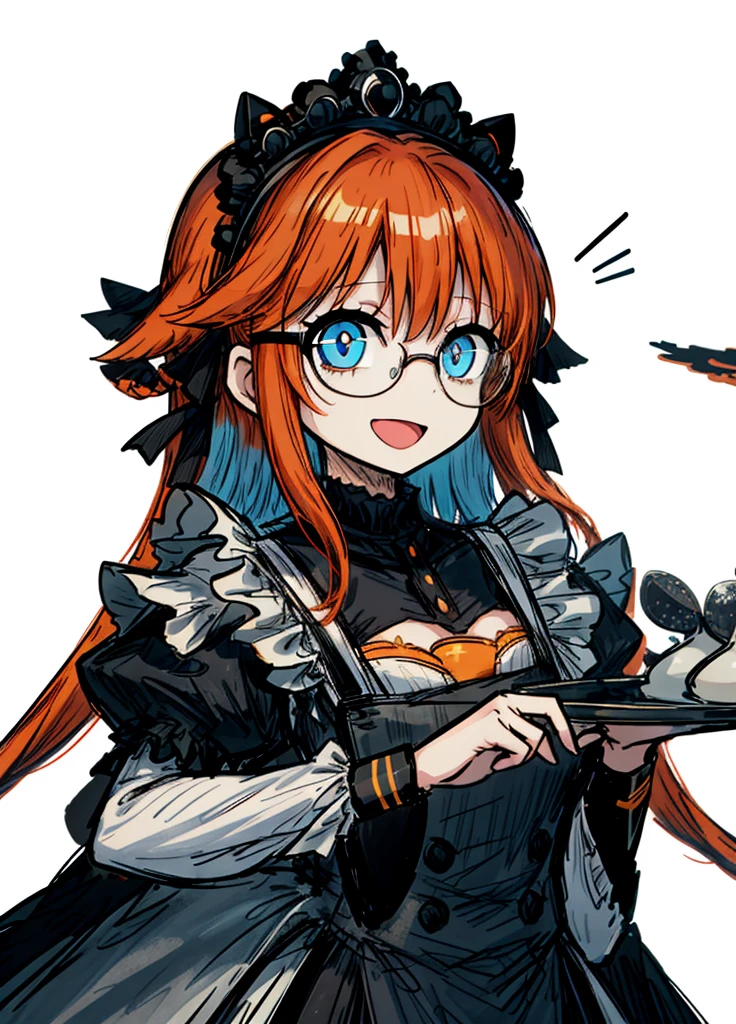 1girl, orange hair, light blue eyes, tray with glasses, maid, tiara, beautiful, cheerful, smile, open mouth ,beautiful clothes,(masterpiece, best quality)