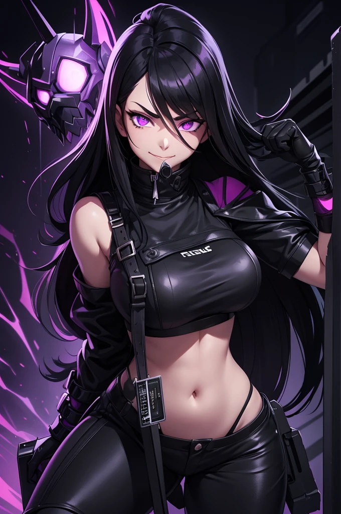 Strong woman villain, smug face, Black hard mask over mouth, long black hair, purple glowing eyes, black Rubber shorts, exposes midriff, Long black rubber gloves, long black rubber boots, silver machine attached to back, purple liquid wires on wrist attached to machine on back, torn clothing