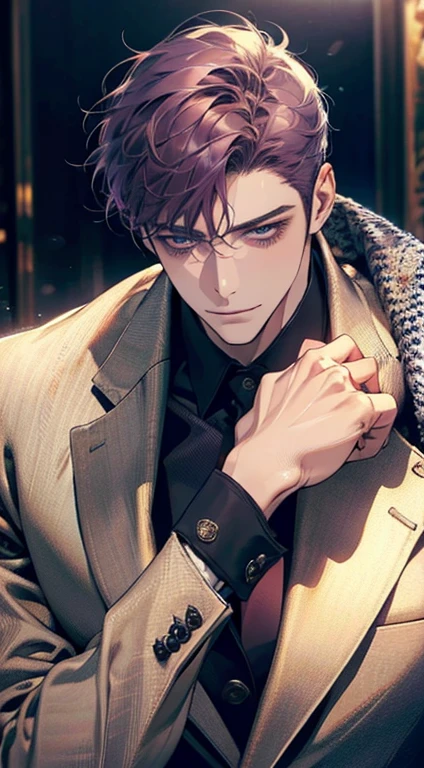 (best quality,4k,8k,highres,masterpiece:1.2),ultra-detailed,(realistic,photorealistic,photo-realistic:1.37),1 man,31 years old,mature man,very handsome,without expression,smile,short purple hair,blue eyes,penetrating gaze,perfect face without errors,imposing posture,businessman,office background,cinematic lighting,hdr image