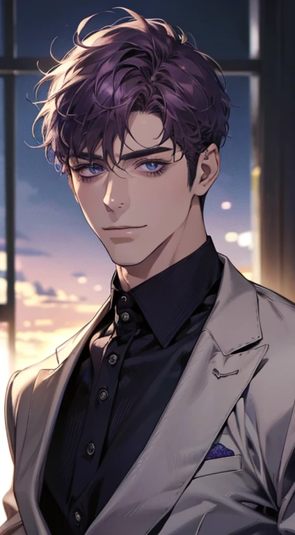 (best quality,4k,8k,highres,masterpiece:1.2),ultra-detailed,(realistic,photorealistic,photo-realistic:1.37),1 man,31 years old,mature man,very handsome,without expression,smile,short purple hair,blue eyes,penetrating gaze,perfect face without errors,imposing posture,businessman,office background,cinematic lighting,hdr image