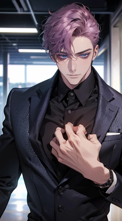 (best quality,4k,8k,highres,masterpiece:1.2),ultra-detailed,(realistic,photorealistic,photo-realistic:1.37),1 man,31 years old,mature man,very handsome,without expression,smile,short purple hair,blue eyes,penetrating gaze,perfect face without errors,imposing posture,businessman,office background,cinematic lighting,hdr image