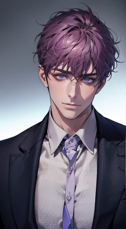 (best quality,4k,8k,highres,masterpiece:1.2),ultra-detailed,(realistic,photorealistic,photo-realistic:1.37),1 man,31 years old,mature man,very handsome,without expression,smile,short purple hair,blue eyes,penetrating gaze,perfect face without errors,imposing posture,businessman,office background,cinematic lighting,hdr image