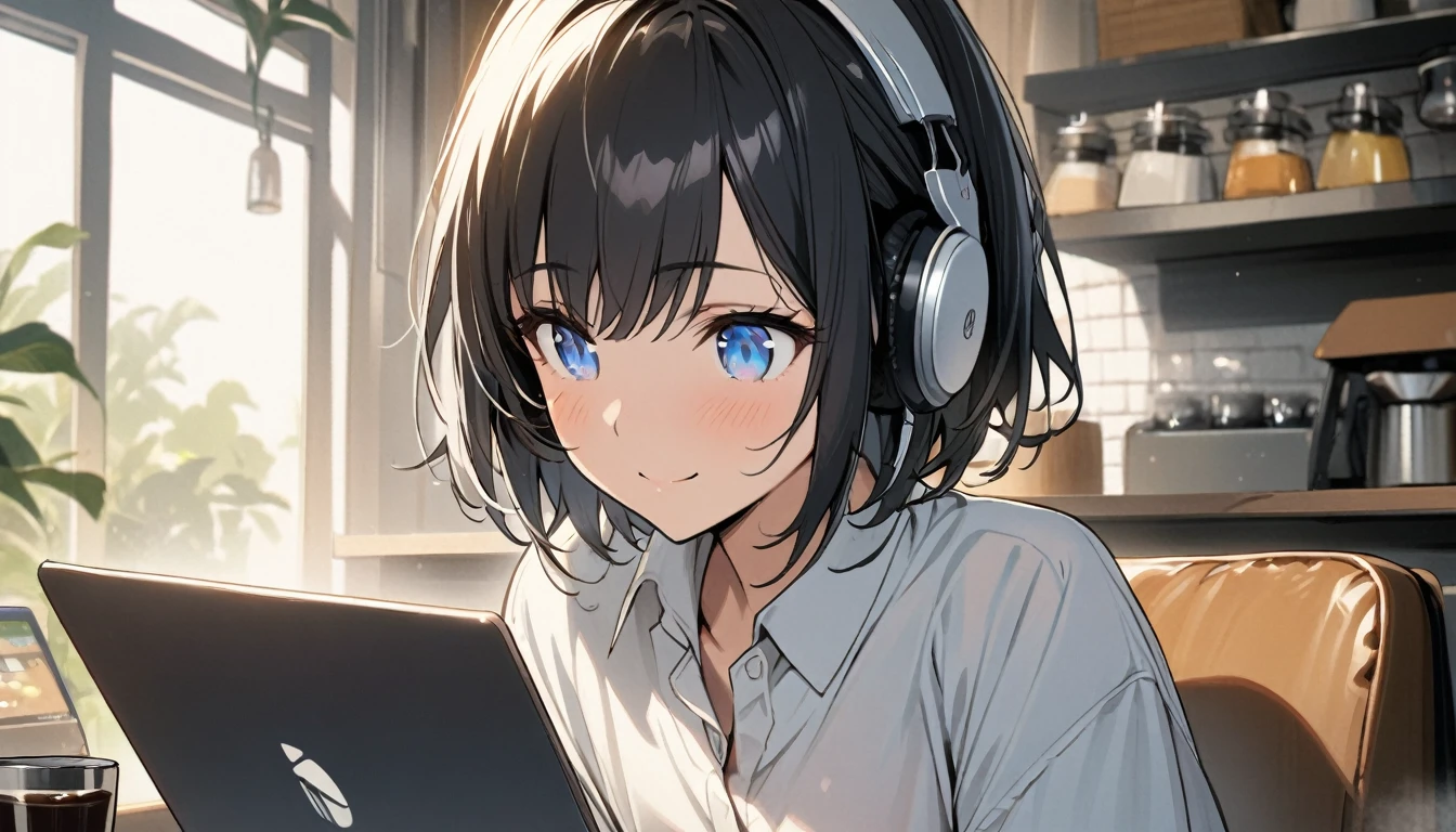 1girl, solo, blue eyes, (detailed eyes), flat chest, short hair, black hair, upper body, gentle smile on her face, wearing a white dress shirt, sitting up straight((masterpiece, illustration, best quality)) A woman operating a laptop in a stylish cafe、28 years old、adult atmosphere、Close-up, has a cup of coffee right beside her and is wearing headphones