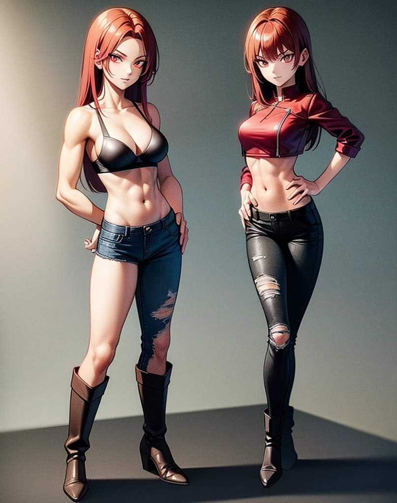 young girl, good body, sexy body, bright red hair, long hair, with bright red eyes, bright Eyes, with black leather jacket with white bra, ripped blue jeans, short brown boots with white, standing, pose standing, eyes with red edges, eyes with red lines