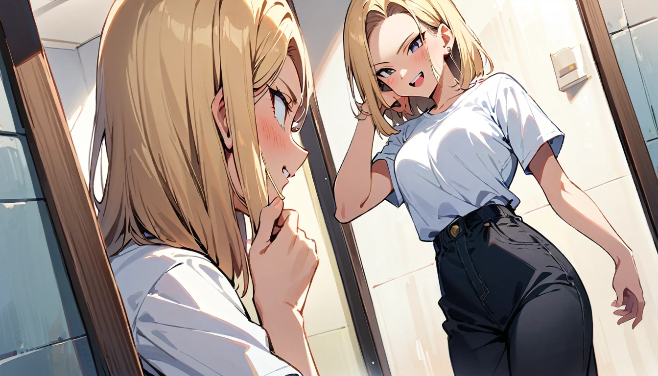(masterpiece, best quality:1.2),1girl, (solo), Android 18 from Dragon Ball, ((white T-shirt, black long baggy pants, teeth showing)), medium breasts, blunt bangs, short blonde hair, (black eyes), earrings on earlobes, slim, slender feminine figure, skinny body, blush, sky, magnificent view, blur background, 4K, open mouth, smile, wearing glasses, hand on own cheek, mirror, white washroom, organized,