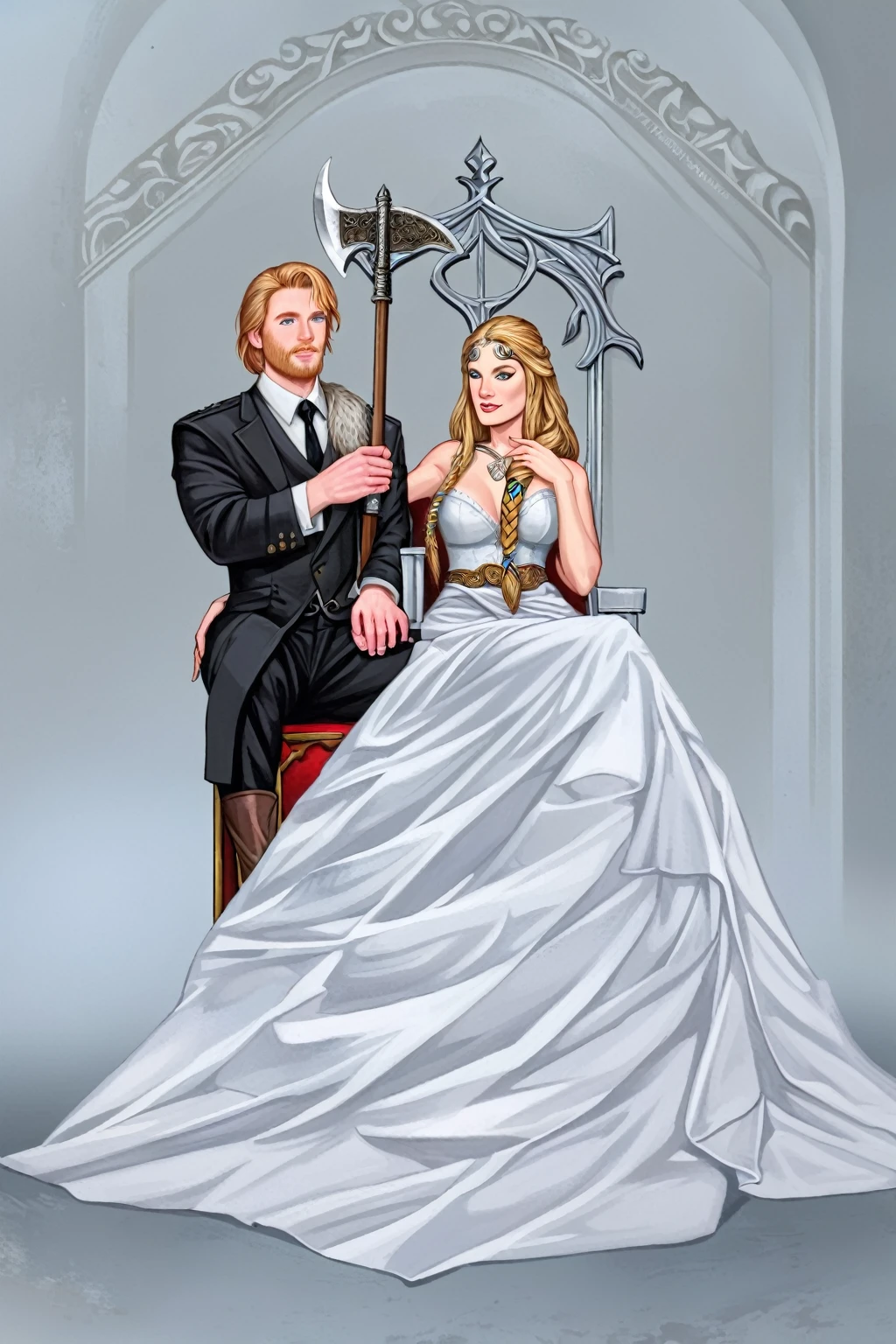 painting of a couple of people sitting on a throne with a large axe, mark brooks frank frazetta, tyler edlin fantasy art, by Tim Hildebrandt, by Johannes Helgeson, female viking, by Greg Hildebrandt, adrian smith fantasy art, norse goddess, by Tim and Greg Hildebrandt, barbarian, michael whelan and karol bak, by Daniel Ljunggren