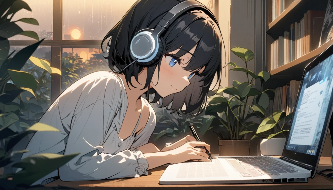 1girl, solo, blue eyes, (detailed eyes), gentle smile on her face flat chest, short hair, black hair, upper body, wearing a white dress shirt ((masterpiece, illustration, best quality)) rainy night, a girl studying while listening to music with headphones, the night view is very beautiful with beautiful candle on her table. there are plants in the background, She is typing her laptop with a beautiful night view with books and plants in the background with coffee on the desk