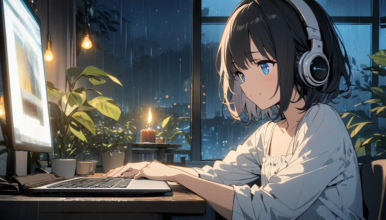1girl, solo, blue eyes, (detailed eyes), gentle smile on her face flat chest, short hair, black hair, upper body, wearing a white dress shirt ((masterpiece, illustration, best quality)) rainy night, a girl studying while listening to music with headphones, the night view is very beautiful with beautiful candle on her table. there are plants in the background, She is typing her laptop with a beautiful night view with books and plants in the background with coffee on the desk
