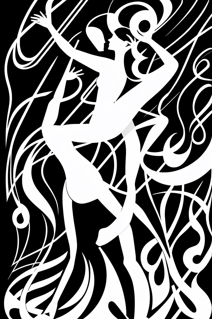 minimalist line art sketch couple Dancing tango 2d with dynamic lines that combine with musical notes few black and white strokes that few lines form the surreal image