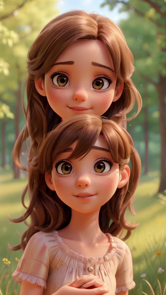 a romantic moment between two young girls holding hands and gazing at each other passionately in a field, with trees, a small brown dog, a light brown small dog, a small yellow dog, and a large gray dog surrounding them, highly detailed, photorealistic, beautiful lighting, vibrant colors, (best quality, 4k, 8k, highres, masterpiece:1.2), ultra-detailed, (realistic, photorealistic, photo-realistic:1.37), portratis, beautiful eyes, detailed lips, long eyelashes, elegant poses, natural setting, warm tones, soft focus, magical atmosphere