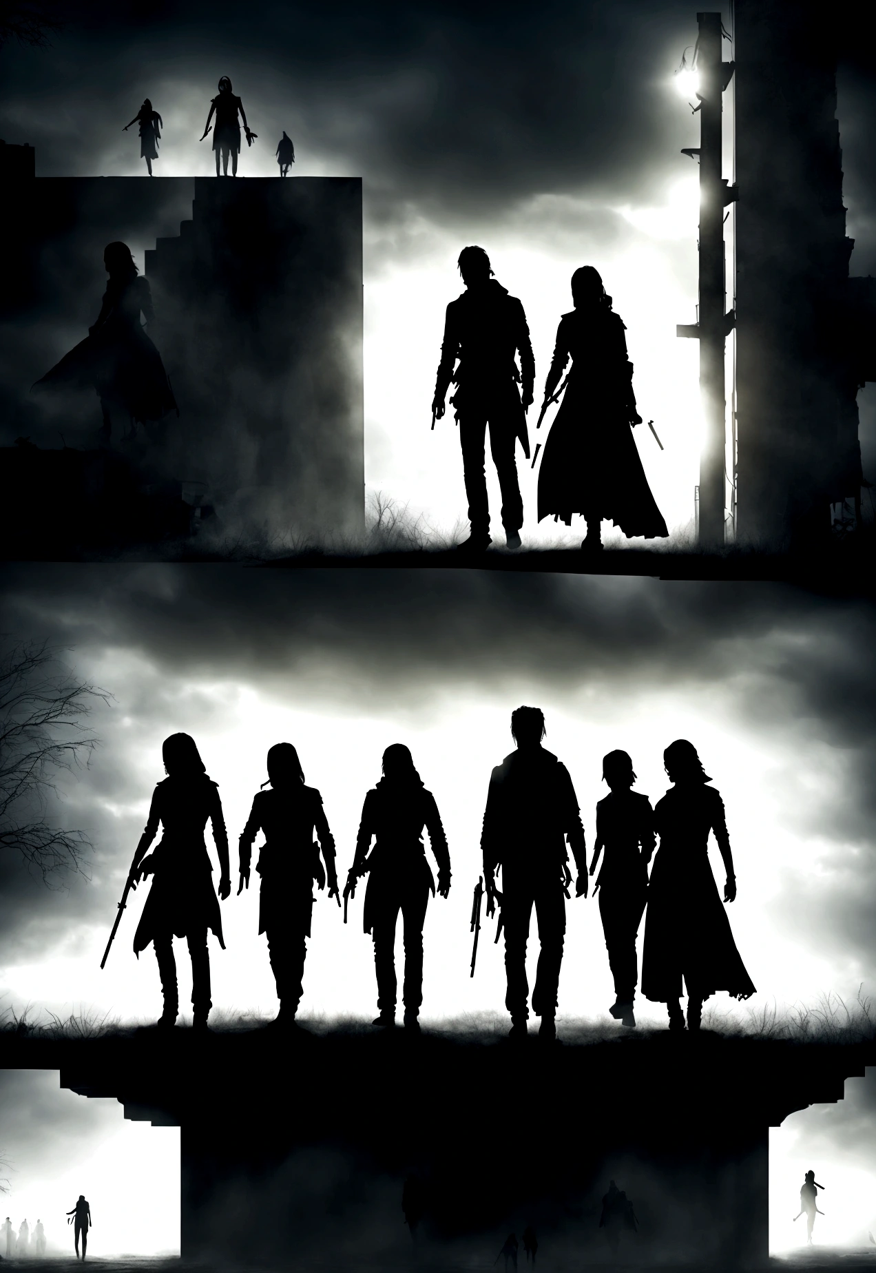 Create a modern book cover, with four silhouettes of women, two silhouettes of men and a silhouette of a , in the midst of the zombie apocalypse