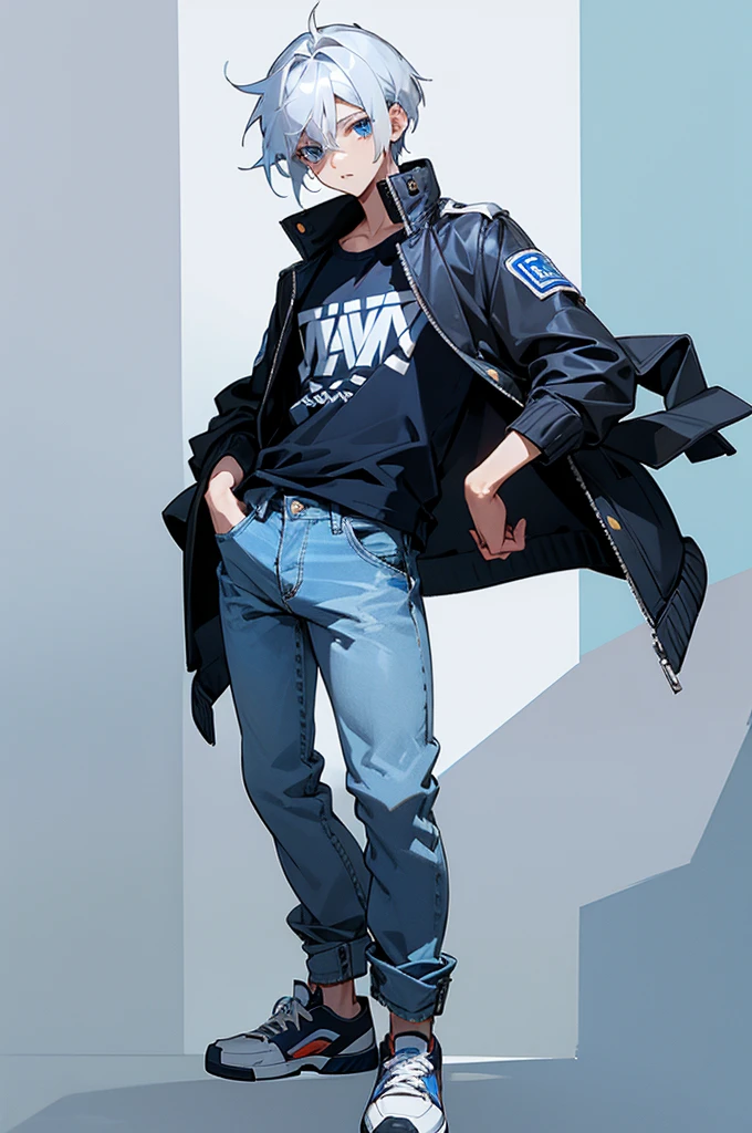 A boy with short unruly silver white hair and sapphire blue eyes(full body picture) in casual clothing(Jeans, sneakers, shirt jacket) in standing firm pose