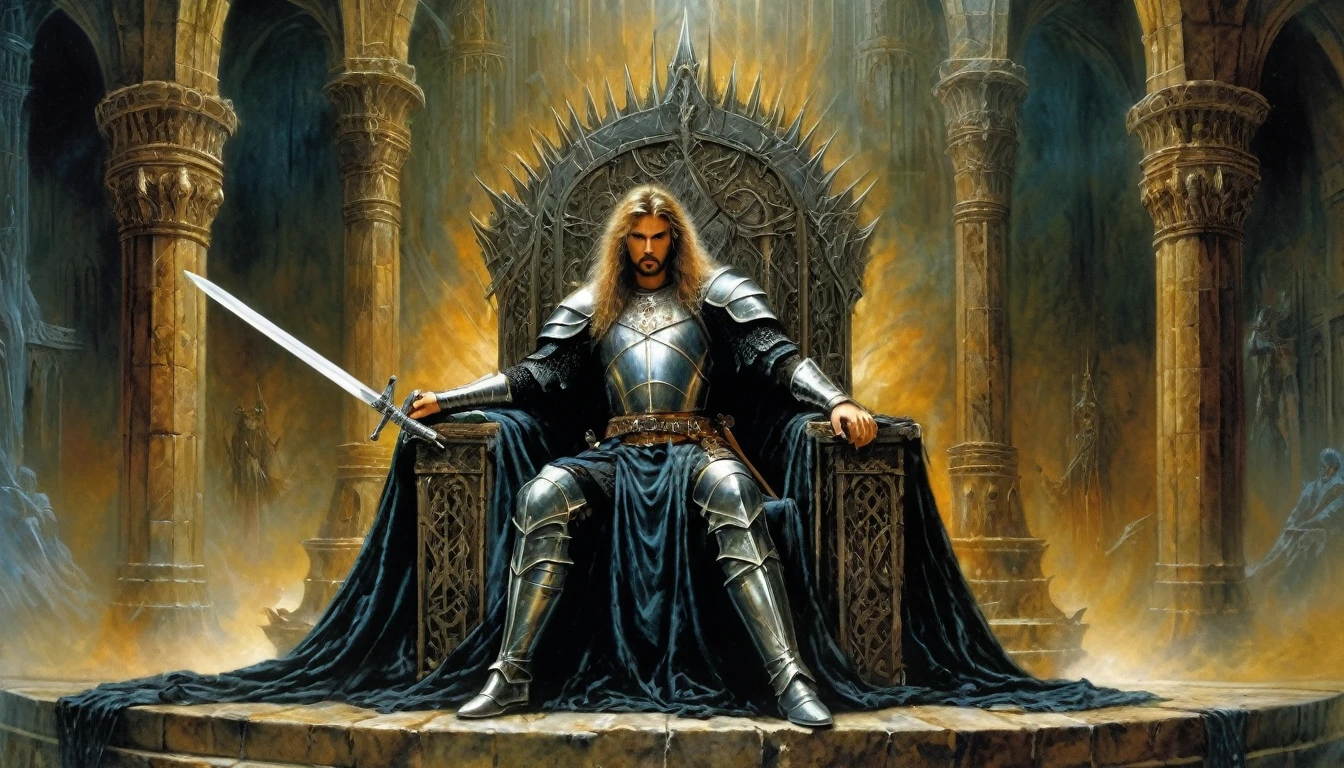 Highly detailed, UHD, 8k, medieval fantasy, 80's heavy metal album cover style, Luis Royo style, heavy metal magazine cover, oil painting. A hero with a mithril sword in a throne room
