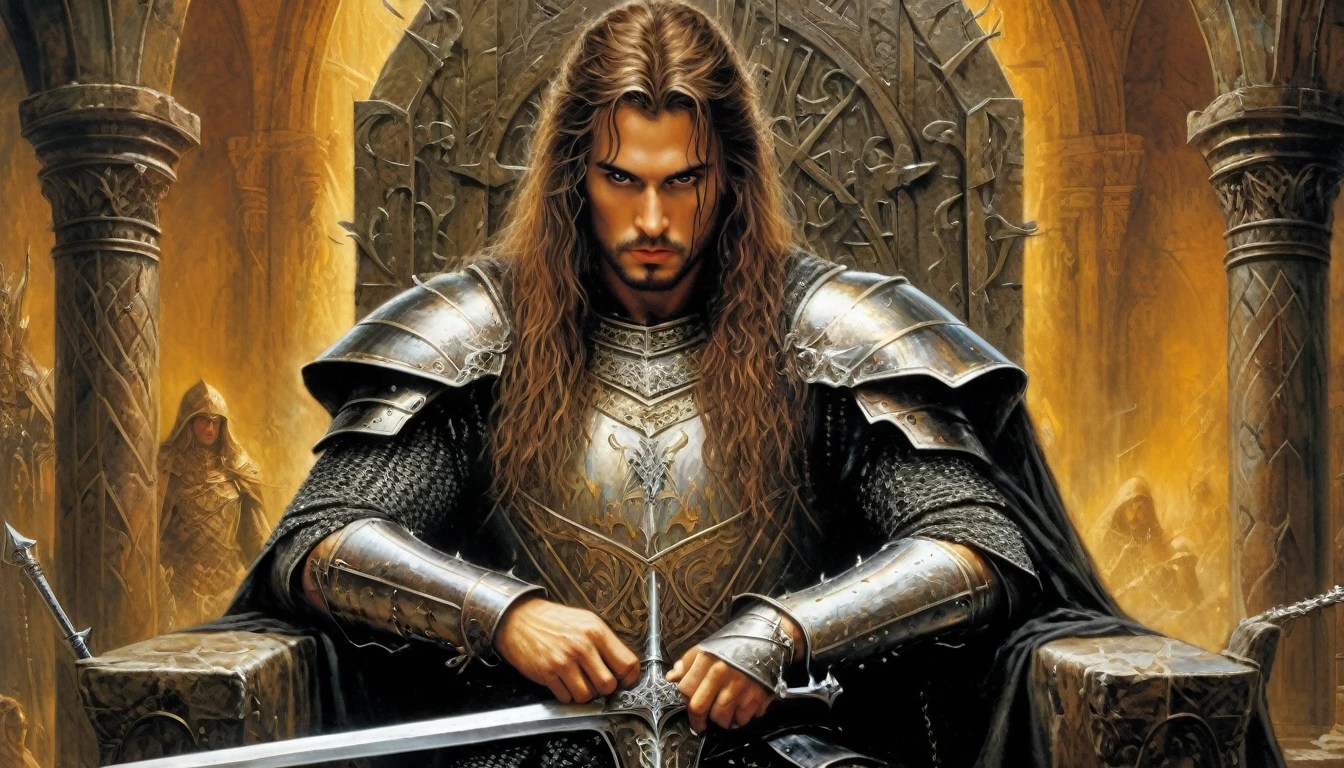 Highly detailed, UHD, 8k, medieval fantasy, 80's heavy metal album cover style, Luis Royo style, heavy metal magazine cover, oil painting. A hero with a mithril sword in a throne room