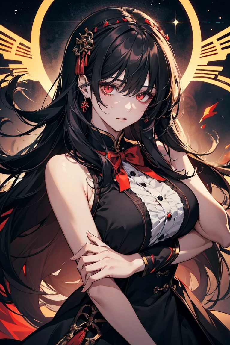 1 female, teacher, wearing a black dress, black leggings, black hair, long hair, face to detail, detailed eyes, light red eyes, red bowtie, black crown floating over her head, red energy in-between her breast, the background is space in china