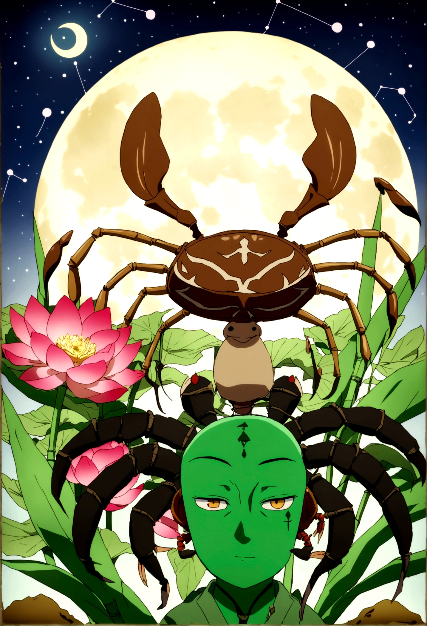 Create a drawing based on Aku Aku and uka uka from crash (wooden mask with other natural materials such as bamboo or feathers even flowers) in the shape of a crab, that represent the sign of Cancer, with a moon and accompanied by a lotus flower of vibrant colors. It would be a unique image full of symbolism. Half of the mask is aku aku type and the other half is uka uka but based on a pianist crab, that its pins go down the girl's neck and on its pincers a crown of lotus flowers and the moon in the background, and the constellation of the cancer sign, anime type animated image