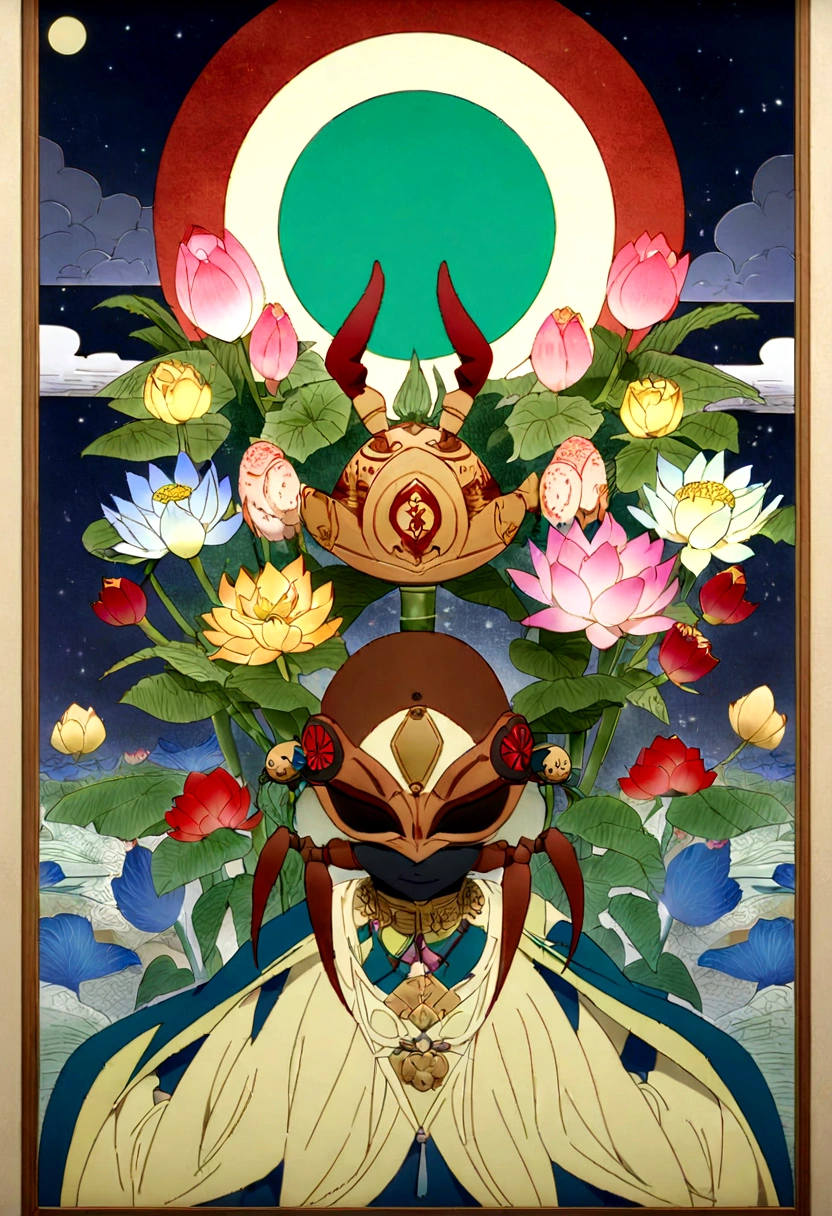 Create a drawing based on Aku Aku and uka uka from crash (wooden mask with other natural materials such as bamboo or feathers even flowers) in the shape of a crab, that represent the sign of Cancer, with a moon and accompanied by a lotus flower of vibrant colors. It would be a unique image full of symbolism. Half of the mask is aku aku type and the other half is uka uka but based on a pianist crab, that its pins go down the girl's neck and on its pincers a crown of lotus flowers and the moon in the background, and the constellation of the cancer sign, anime type animated image