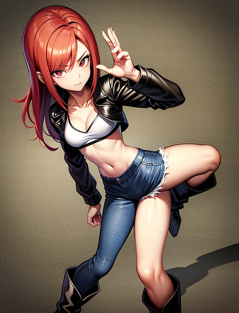 young girl, good body, sexy body, bright red hair, long hair, with bright red eyes, bright Eyes, with black leather jacket with white bra, ripped blue jeans, short brown boots with white, standing, pose standing, eyes with red edges, eyes with red lines