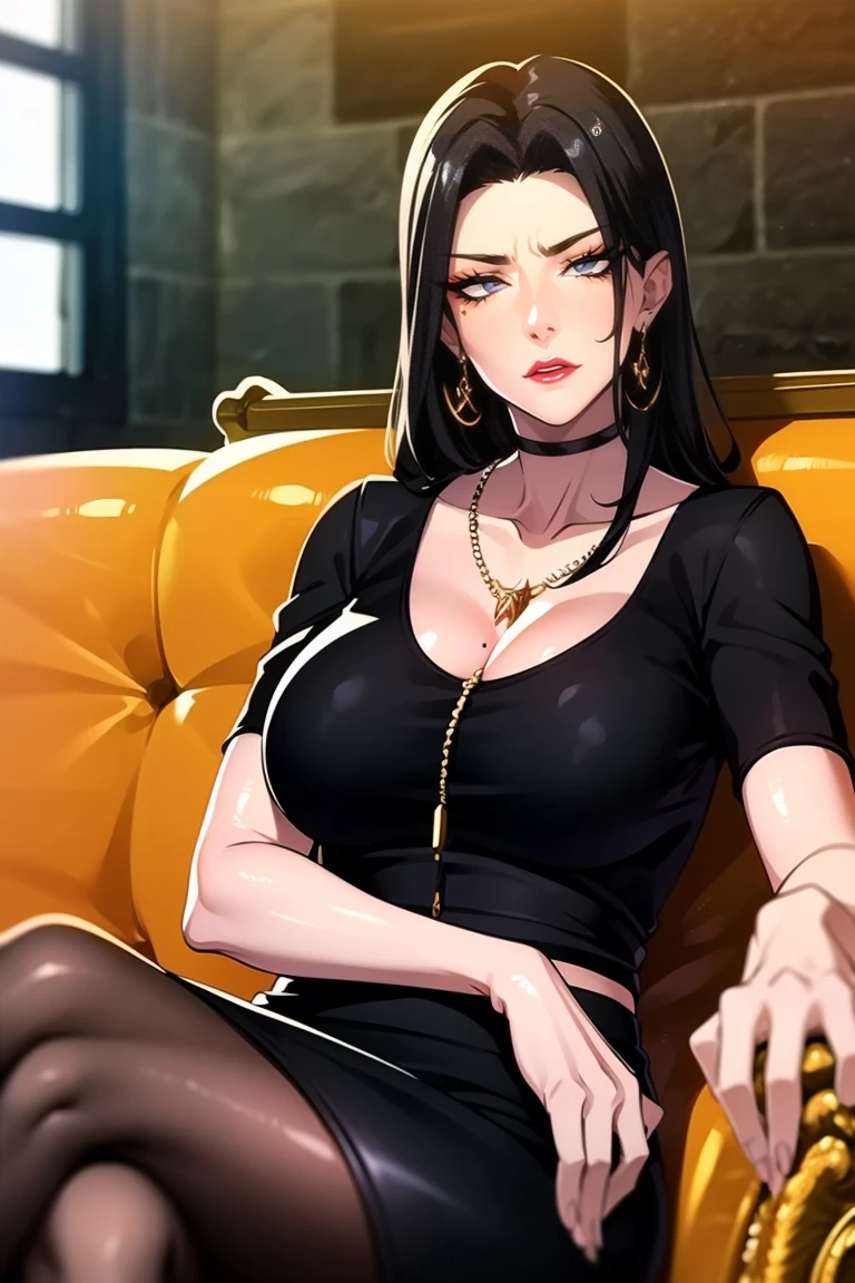 best quality, (masterpiece:1.2), highly detailed, indoors, sitting, on couch,
1girl, solo, cai lin, one mole under eye,
looking at the viewer, large breasts, seductive face , mature female,
brown eyes, black hair, long hair, necklace, earrings, black shirt, pencil skirt, collarbone, crossed legs