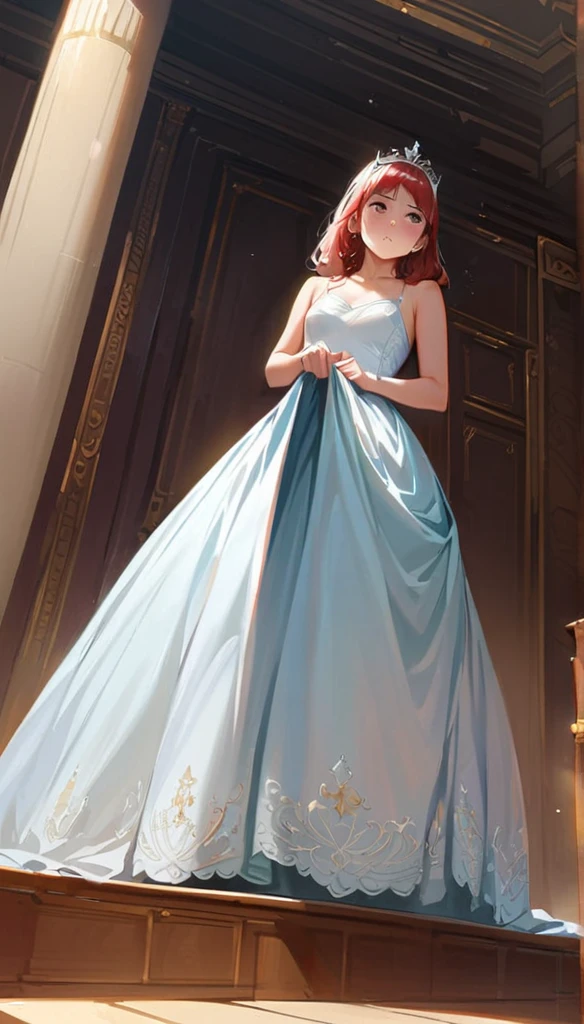 (masterpiece), Princess,Princess,Small breasts,Light blue lace underwear, Natural light, Realistic, Diffuse Light, Looking up from below,vapor, (Lift up your skirt), (urination), Braid,Race Stock Vang,Luxury Long Dress,Embarrassed red face,tiara.royal palace
