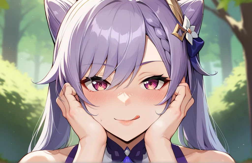 score_9, score_8_up, score_7_up, score_6_up, source_anime, BREAK by ikuchan kaoru, iku, clean color, flat color,1girl, genshin impact, keqing genshin impact, outdoors, in Forest, face focus, face closeup, face, face only, smug, shy, embarrassed, licking lips, ((seductive)), alluring, seduce, hair over one eye, tongue, licking lips, adjusting hair