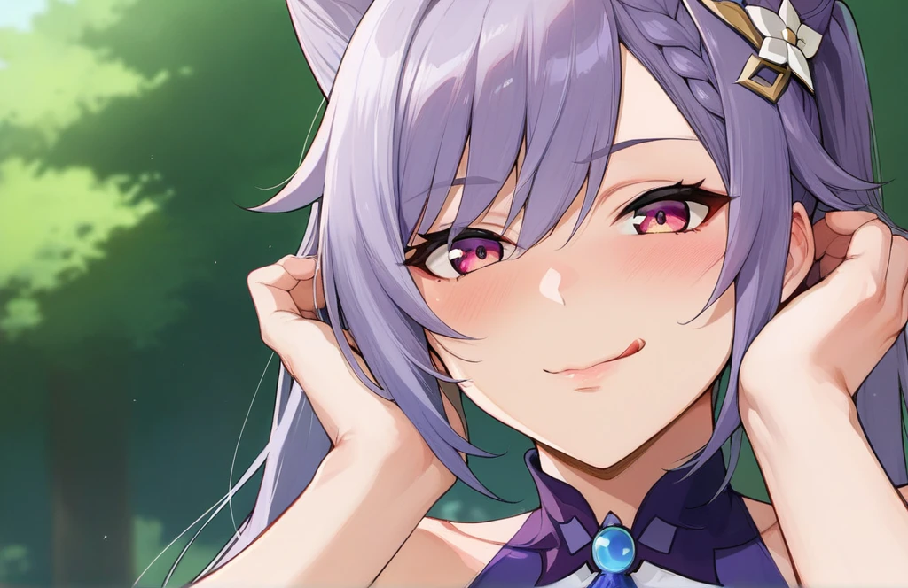 score_9, score_8_up, score_7_up, score_6_up, source_anime, BREAK by ikuchan kaoru, iku, clean color, flat color,1girl, genshin impact, keqing genshin impact, outdoors, in Forest, face focus, face closeup, face, face only, smug, shy, embarrassed, licking lips, ((seductive)), alluring, seduce, hair over one eye, tongue, licking lips, adjusting hair