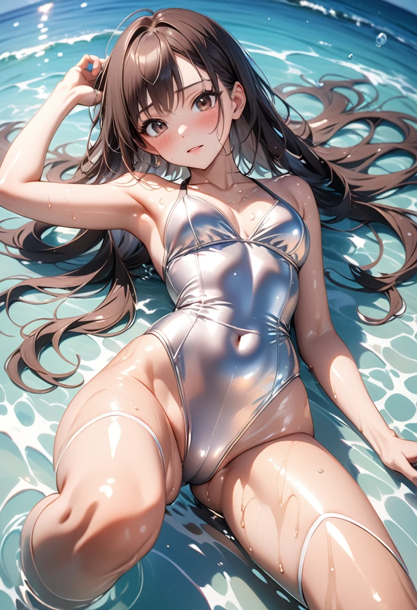 ((Metallic one-piece_swimsuits, lying on the water and floating, Mediterranean Sea)), skindentation, skinny, solo, 1 woman, Masterpiece, highest quality, highest quality, 16K, incredibly absurd, highly detailed, 2.5D, ai-generated, delicate and dynamic, very delicate facial expressions, delicate eye depiction, erotic, only sexy woman, healthy figure, 25-year-old woman, bride, 160cm tall, medium firm swaying bust, (dark hair), black eye, blush, Sweat,Embarrassed,sexy, ((thin thighs)), (Erect nipples:0.9), (visible nipples:0.9), (camel toe:0.8), ((shiny and lustrous)), facing straight at viewer, ((brown_skin:1.5)), ((Oily_skin)), sweaty skin, wet skin, dutch angle, sexy pose,lying,