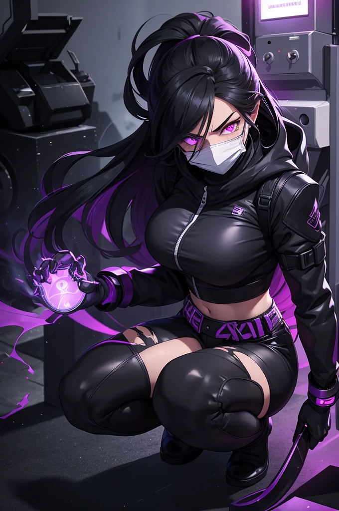 Strong woman villain, smug face, Black hard mask over mouth, long black hair, purple glowing eyes, black Rubber shorts, exposes midriff, Long black rubber gloves, long black rubber boots, silver machine attached to back, purple liquid wires on wrist attached to machine on back, torn clothing