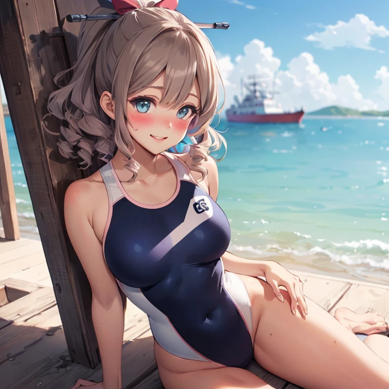 hatakaze,hair between eyes,ponytail,hair rbbon,(masterpiece:1.4),(best quality:1.4), (amazing), (great illustration:1.4), (ultra-detailed:1.4), (art CG, 8K),competition swimsuit,(blush:1.4),smile,sexy pose,sea,full body,


