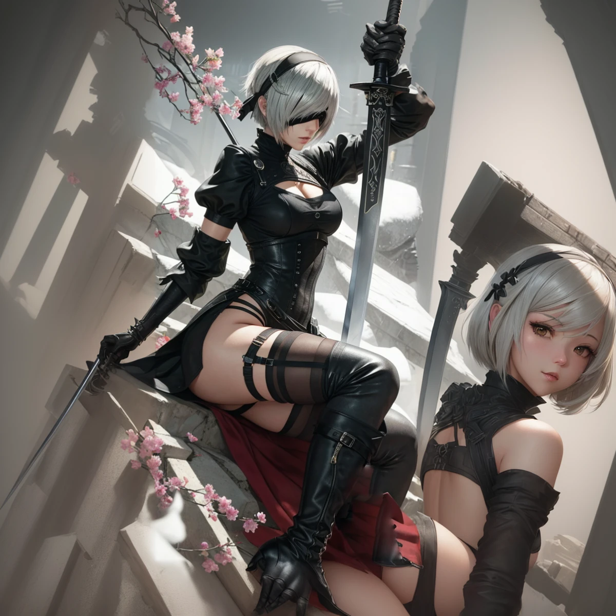 Anime girl with sword and black outfit posing for a photo、2B Nier オートマトン、Nier:Automaton Inspired、Nier オートマタ インスパイア、Nier オートマタの 2 B、Nier オートマタの 2b、2 b、Nier インスパイアー、Nier 2 b、Bad anime 8k、Nier、Female Assassin、8k high quality detailed art