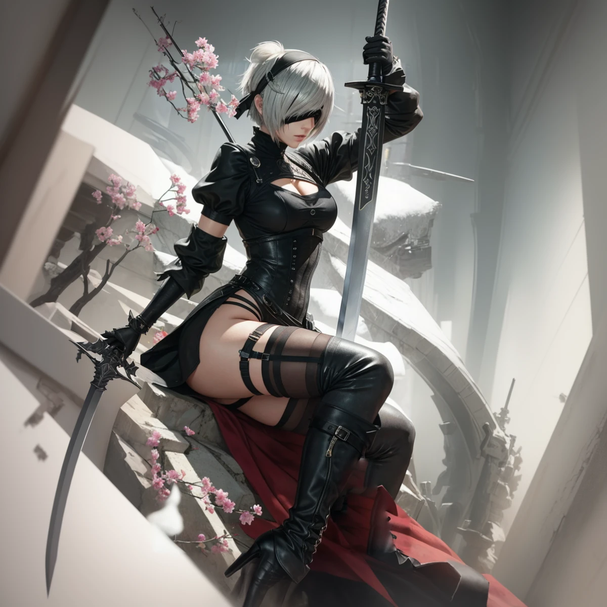 Anime girl with sword and black outfit posing for a photo、2B Nier オートマトン、Nier:Automaton Inspired、Nier オートマタ インスパイア、Nier オートマタの 2 B、Nier オートマタの 2b、2 b、Nier インスパイアー、Nier 2 b、Bad anime 8k、Nier、Female Assassin、8k high quality detailed art