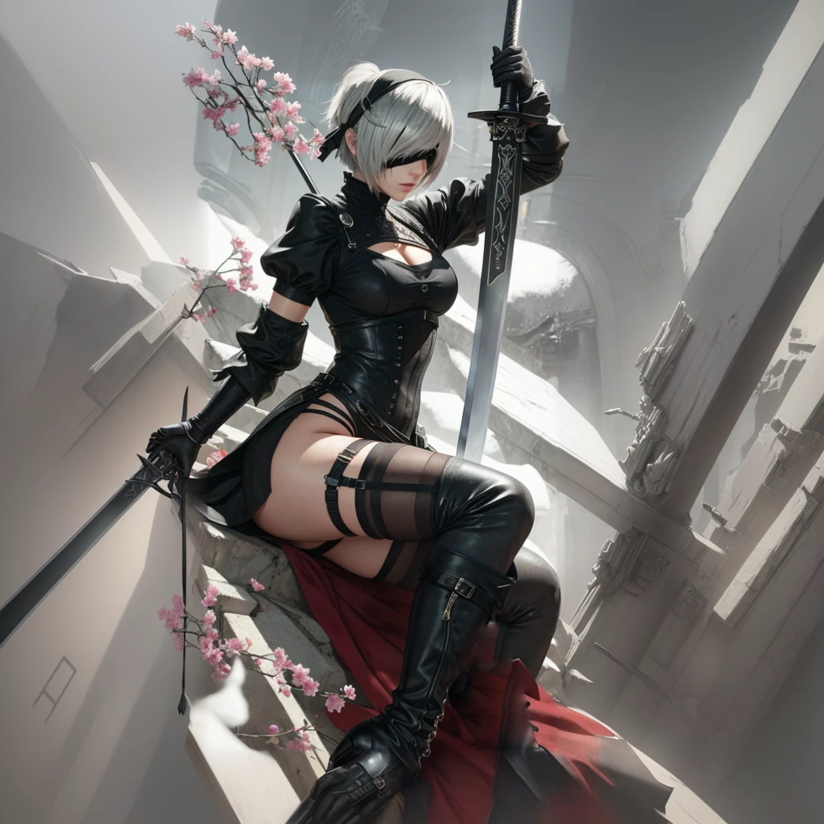 Anime girl with sword and black outfit posing for a photo、2B Nier オートマトン、Nier:Automaton Inspired、Nier オートマタ インスパイア、Nier オートマタの 2 B、Nier オートマタの 2b、2 b、Nier インスパイアー、Nier 2 b、Bad anime 8k、Nier、Female Assassin、8k high quality detailed art