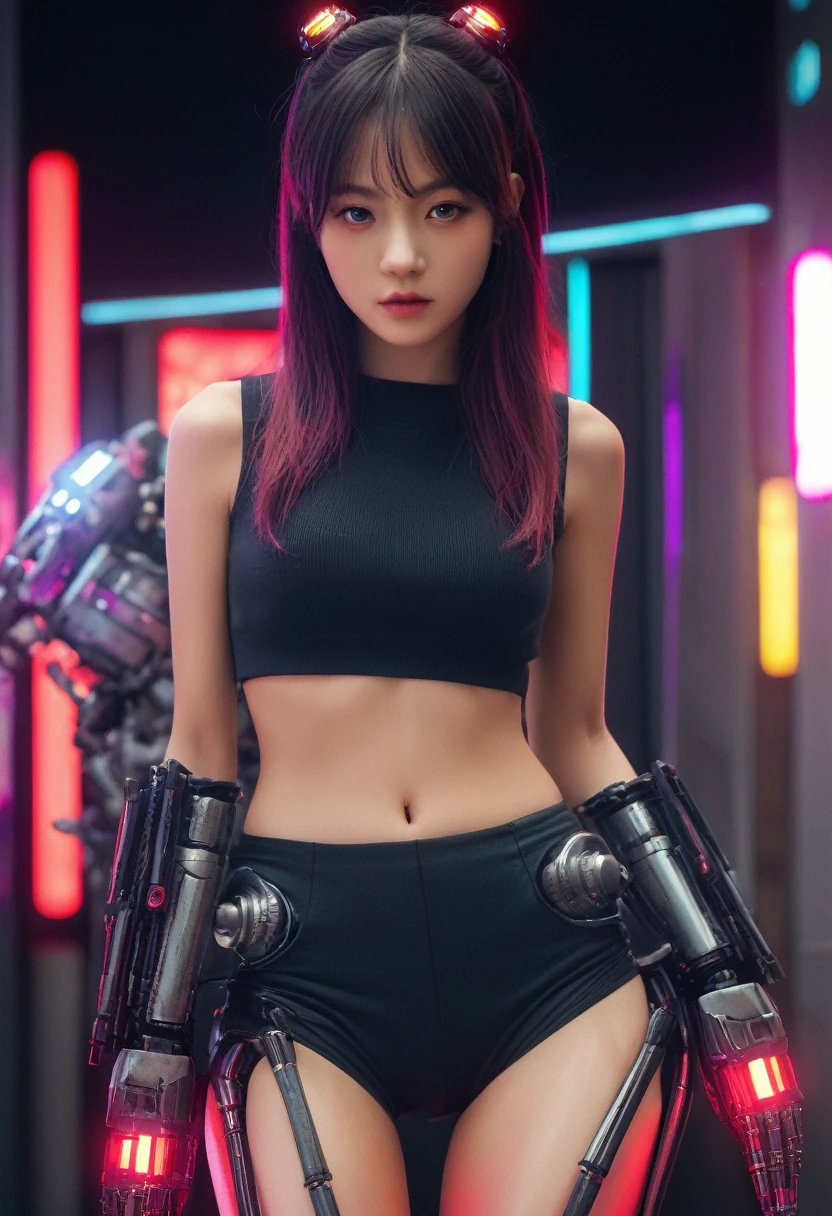 xxmixgirl. Highly detailed professional 35mm film, bokeh, face in sharp focus. A robotic female, Miku, with ((metal skin)), ((perfect Asian eyes)) with magenta irises and ((black pupils)), beautiful serious (detailed face), 18 year old ((photorealistic face)), very long magenta twin tails of magenta hair, twin black hair ties with a single red stripe. She may have a black audio headpiece. We can see her ((full body)) down to her boot soles. Her outfit is a sleeveless collared light grey shirt, outlined in red around the frilled collar and hems. Shiny reflective ((metallic breast cups, dimpleless)), invisible nipples. She wears black sleeves with red hems that start around her upper arm and bellow out as the sleeves open and extend to her wrists, with wide trumpet red rimmed cuffs. She has perfect robotic (detailed hands). She wears a red colored tie with two horizontal solid parallel black lines halfway across. She wears a fabric black skirt with a horizontal red hem at the bottom all the way around; her (((black skirt wraps around her))) and ((her skirt completely covers)) her robotic waist and thighs. Tall black boots with red bottom soles, a red rim around the top at her thighs. Her mechanical shoulder joints are visible. We can see her robotic legs and robotic neck. Half of her is covered with shiny polished machinery. The background is a distant dark neon futuristic Japanese city, gold, cyan, violet neon, near harbor or mountains.
