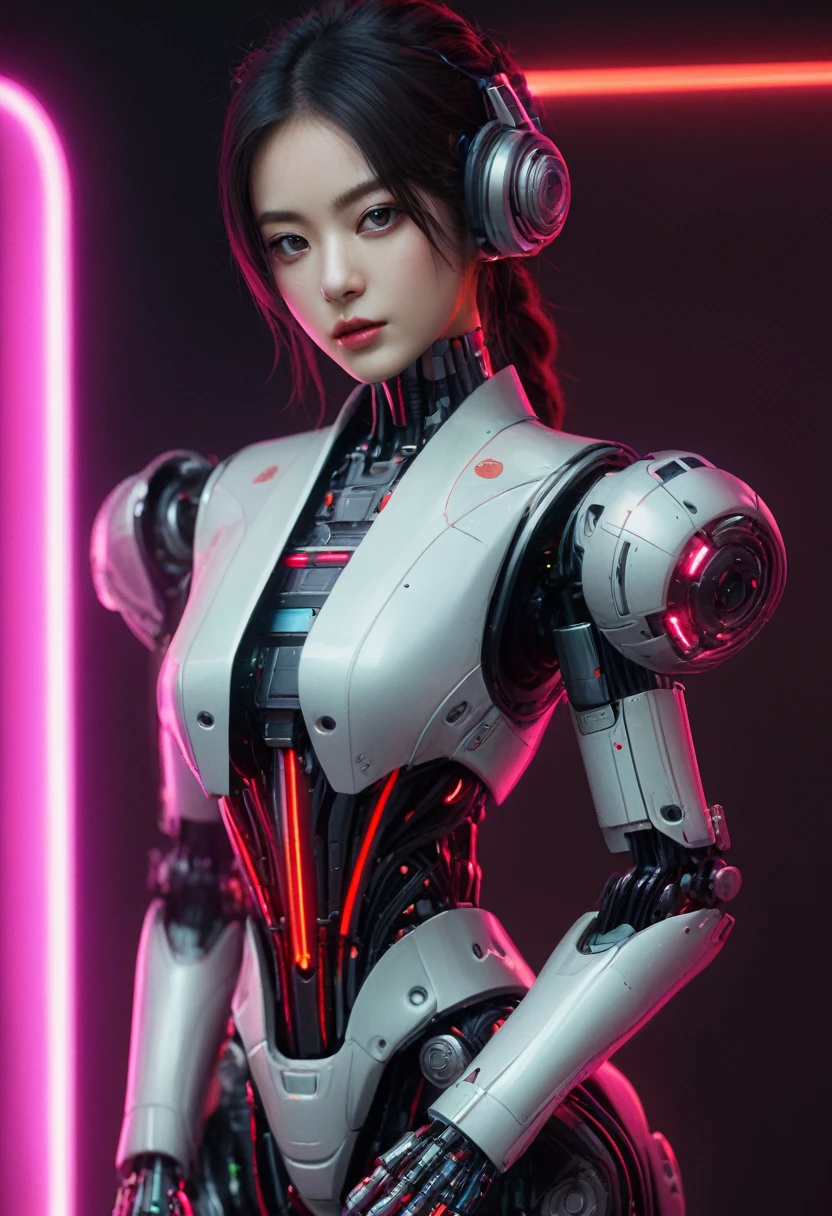 xxmixgirl. Highly detailed professional 35mm film, bokeh, face in sharp focus. A robotic female, Miku, with ((metal skin)), ((perfect Asian eyes)) with magenta irises and ((black pupils)), beautiful serious (detailed face), 18 year old ((photorealistic face)), very long magenta twin tails of magenta hair, twin black hair ties with a single red stripe. She may have a black audio headpiece. We can see her ((full body)) down to her boot soles. Her outfit is a sleeveless collared light grey shirt, outlined in red around the frilled collar and hems. Shiny reflective ((metallic breast cups, dimpleless)), invisible nipples. She wears black sleeves with red hems that start around her upper arm and bellow out as the sleeves open and extend to her wrists, with wide trumpet red rimmed cuffs. She has perfect robotic (detailed hands). She wears a red colored tie with two horizontal solid parallel black lines halfway across. She wears a fabric black skirt with a horizontal red hem at the bottom all the way around; her (((black skirt wraps around her))) and ((her skirt completely covers)) her robotic waist and thighs. Tall black boots with red bottom soles, a red rim around the top at her thighs. Her mechanical shoulder joints are visible. We can see her robotic legs and robotic neck. Half of her is covered with shiny polished machinery. The background is a distant dark neon futuristic Japanese city, gold, cyan, violet neon, near harbor or mountains.
