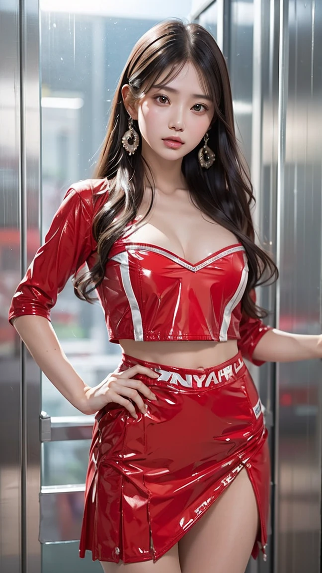 Two boys, elder, Young Asian Woman Photo (二人のelderに挟まれて), Race Queen、Uniform with sponsor logo Red uniform、Earrings、, Thigh length skirt , threesome, In a crowded elevator, detailed character design (masterpiece, Realistic:1.2), high quality, Intricate details, Highly detailed background, 8K